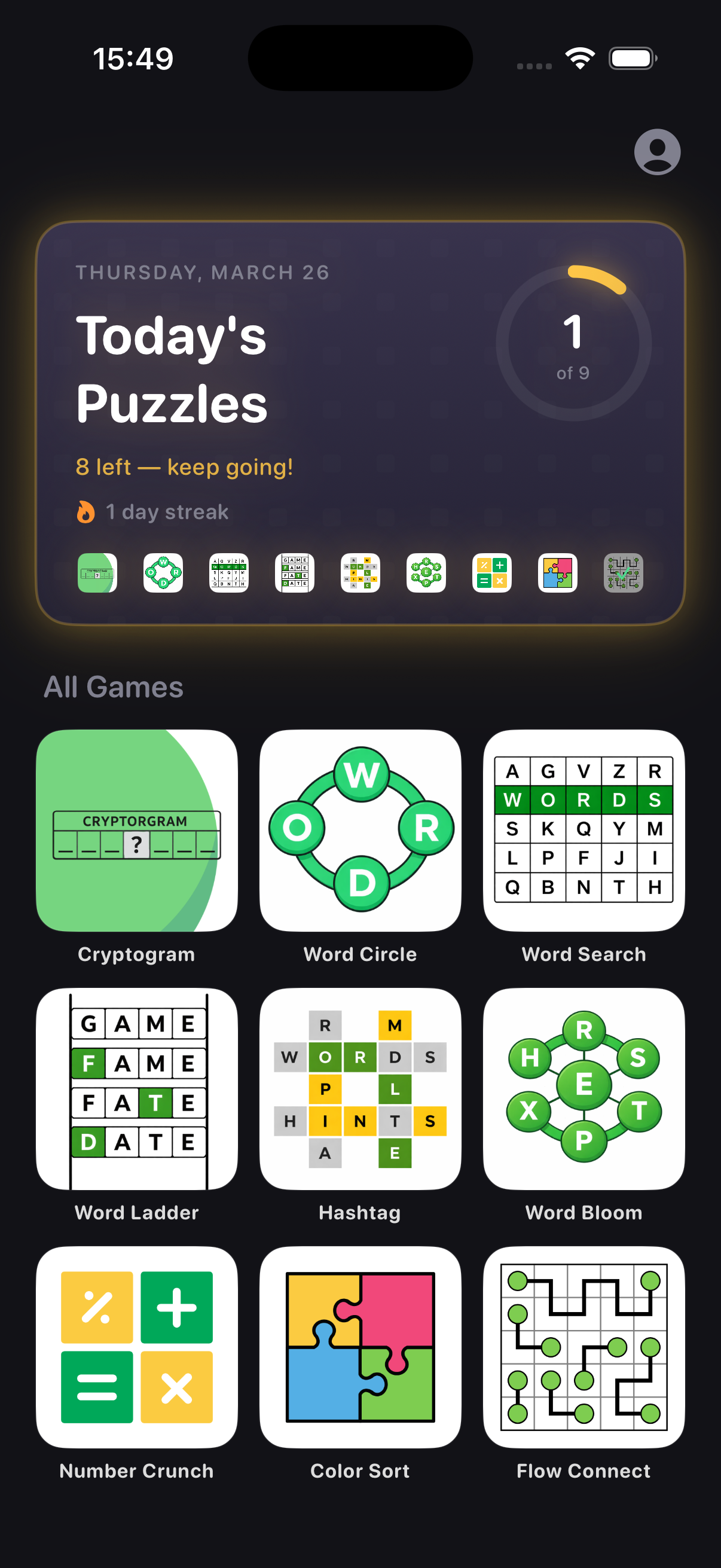 Everyday Puzzle app screenshot showing game selection